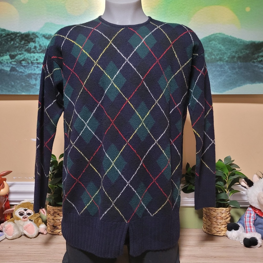 Adrienne Vittadini Collection Mens Navy Argyle 100% Wool Sweater Size XL Preppy